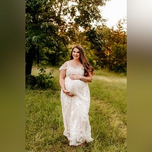 Pinkblush Ivory Floral Embroidered Mesh Maternity Evening Gown.